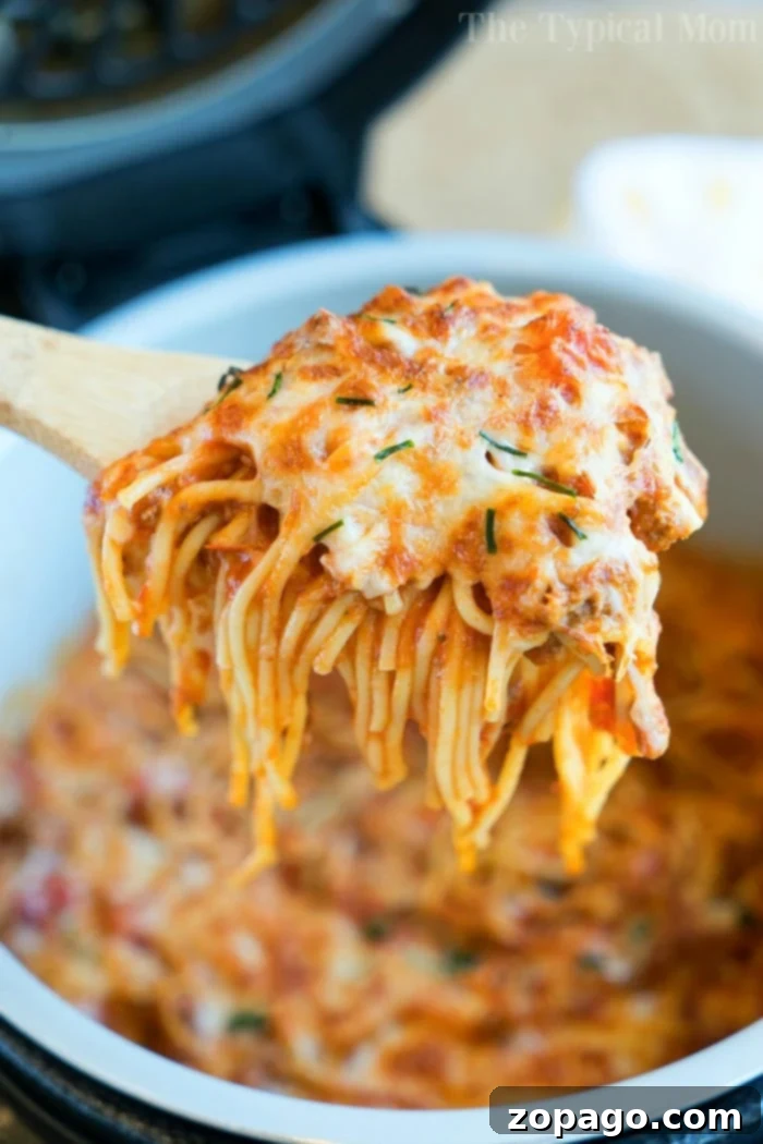Cheesy Ninja Foodi spaghetti will become your new favorite dinner using both your pressure cooker and air fryer functions! Baked spaghetti in a snap!! #ninjafoodi #ninjafoodirecipes #bakedspaghetti #spaghetti #cheesy #airfryer #pressurecooker #crockpotexpress #aircrisp #pasta Ninja Foodi Spaghetti: A close-up of cheesy spaghetti in a Ninja Foodi pot, showcasing melted cheese and tender noodles, ready to be served.