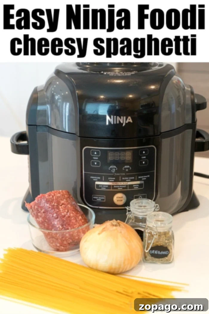 Ninja Foodi spaghetti recipe will become your new favorite dinner using both your pressure cooker and air fryer functions! Baked spaghetti in a snap!! #ninjafoodi #ninjafoodirecipes #bakedspaghetti #spaghetti #cheesy #airfryer #pressurecooker #crockpotexpress #aircrisp #pasta Cheesy Ninja Foodi Spaghetti: A close-up of melted cheese topping on pressure-cooked spaghetti in a Ninja Foodi, illustrating the air fryer's finishing touch.