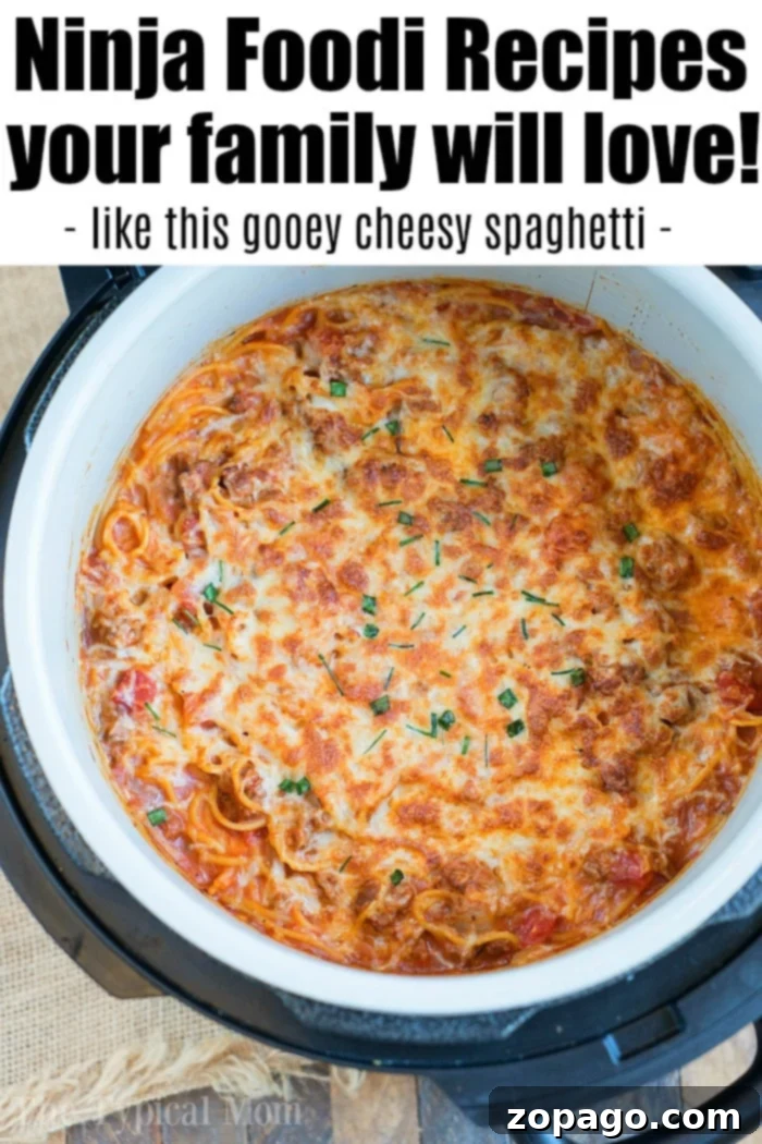 Baked Ninja Foodi spaghetti will become your new favorite dinner using both your pressure cooker and air fryer functions! Baked spaghetti in a snap!! #ninjafoodi #ninjafoodirecipes #bakedspaghetti #spaghetti #cheesy #airfryer #pressurecooker #crockpotexpress #aircrisp #pasta Ninja Foodi spaghetti recipe with melted cheese: A serving of spaghetti with rich sauce and a thick layer of melted, golden-brown cheese on top, ready to eat.