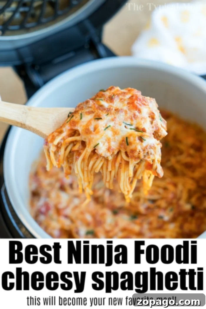 Ninja Foodi spaghetti will become your new favorite dinner using both your pressure cooker and air fryer functions! Baked spaghetti in a snap!! #ninjafoodi #ninjafoodirecipes #bakedspaghetti #spaghetti #cheesy #airfryer #pressurecooker #crockpotexpress #aircrisp #pasta Cheesy Ninja Foodi Spaghetti: A close-up of the finished dish in a Ninja Foodi pot, showcasing the melted cheese and rich sauce, garnished with herbs.