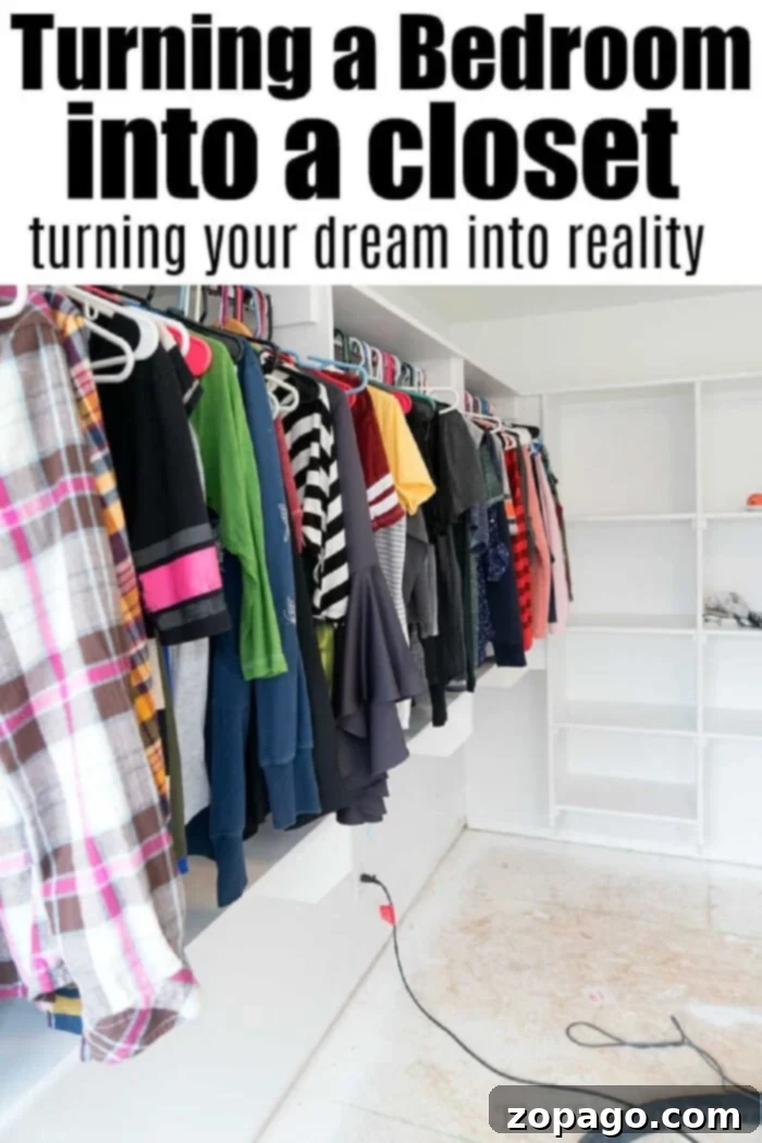 Creating Your Dream Dressing Room 11 The bedroom has been ingeniously transformed into a closet, with clothes neatly arranged on shelves and hangers.