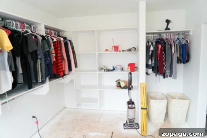 Creating Your Dream Dressing Room 10 Before and after comparison of a walk-in closet transformation.