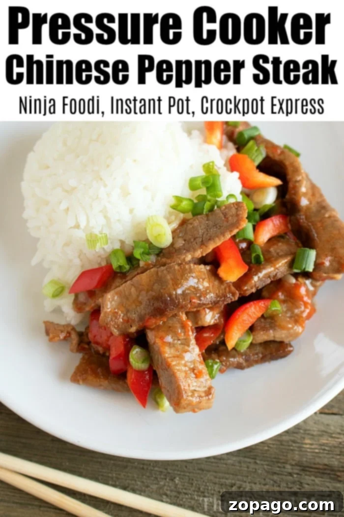 Pressure cooker Chinese pepper steak is packed with flavor and perfect for dinner tonight. Throw it into your Instant Pot or Ninja Foodi for a healthy meal. #instantpot #instantpotrecipes #ninjafoodi #peppersteak #beef #steak #chinese Pressure Cooker Chinese Pepper Steak