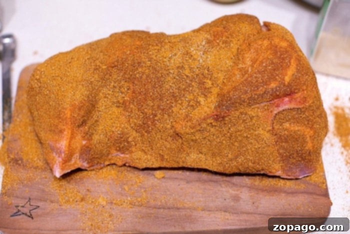 Close-up of a succulent Dutch oven pork roast, glistening with juices, surrounded by flavorful rice and mango, highlighting the rich texture of the slow-cooked meat.