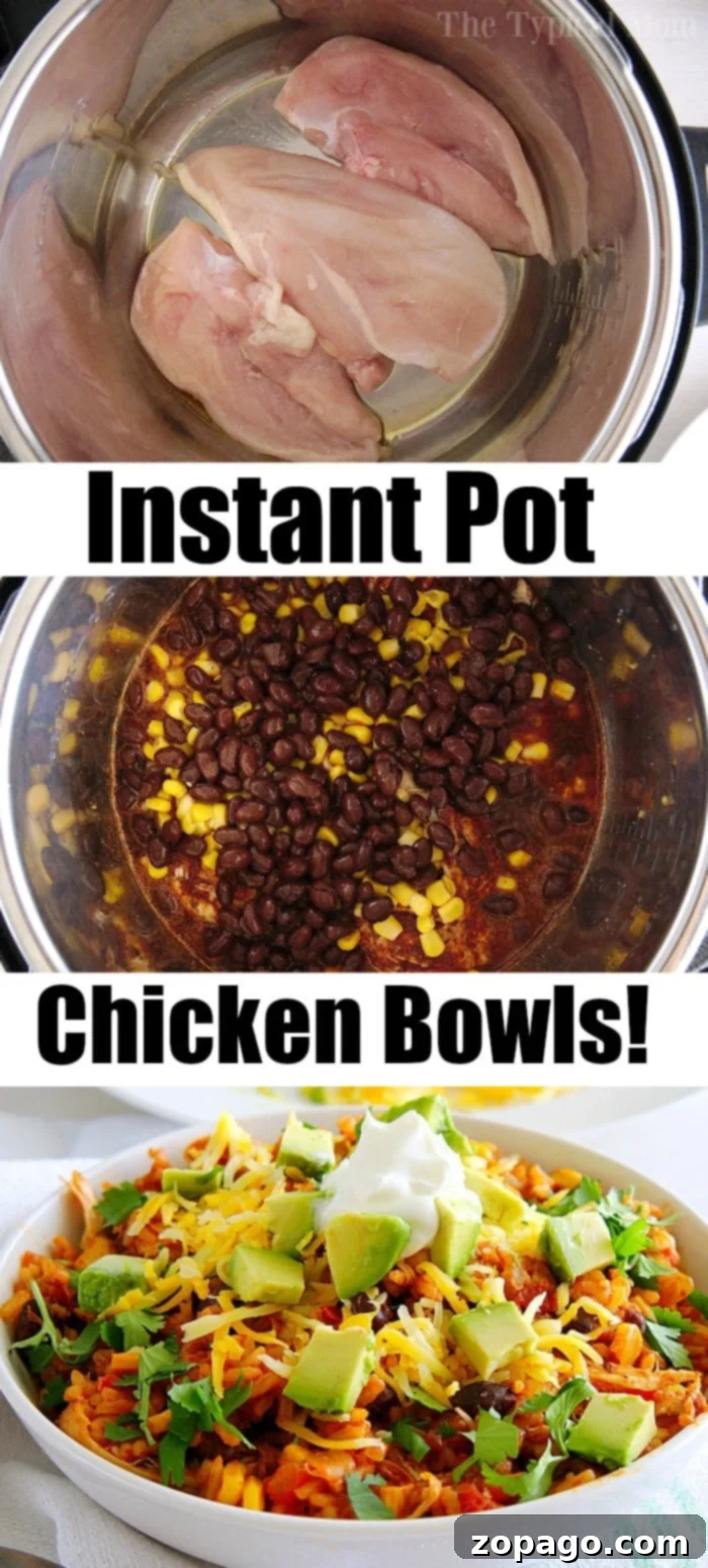 Instant Pot chicken taco bowls are the best 15 minute dinners! A one pot meal with corn, black beans, rice and tender chicken all in a bowl. #instantpot #chicken #ninjafoodi #crockpotexpress #tacos #chickentacobowl A large pot filled with cooked pressure cooker chicken taco bowl ingredients, including shredded chicken, rice, corn, and black beans, before serving.