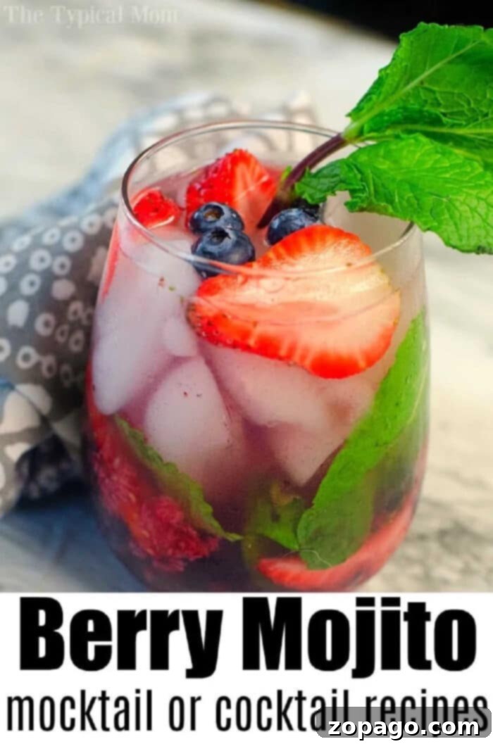 Effortless Berry Mojito 2 A beautifully garnished berry mojito drink in a tall glass, perfect for a party