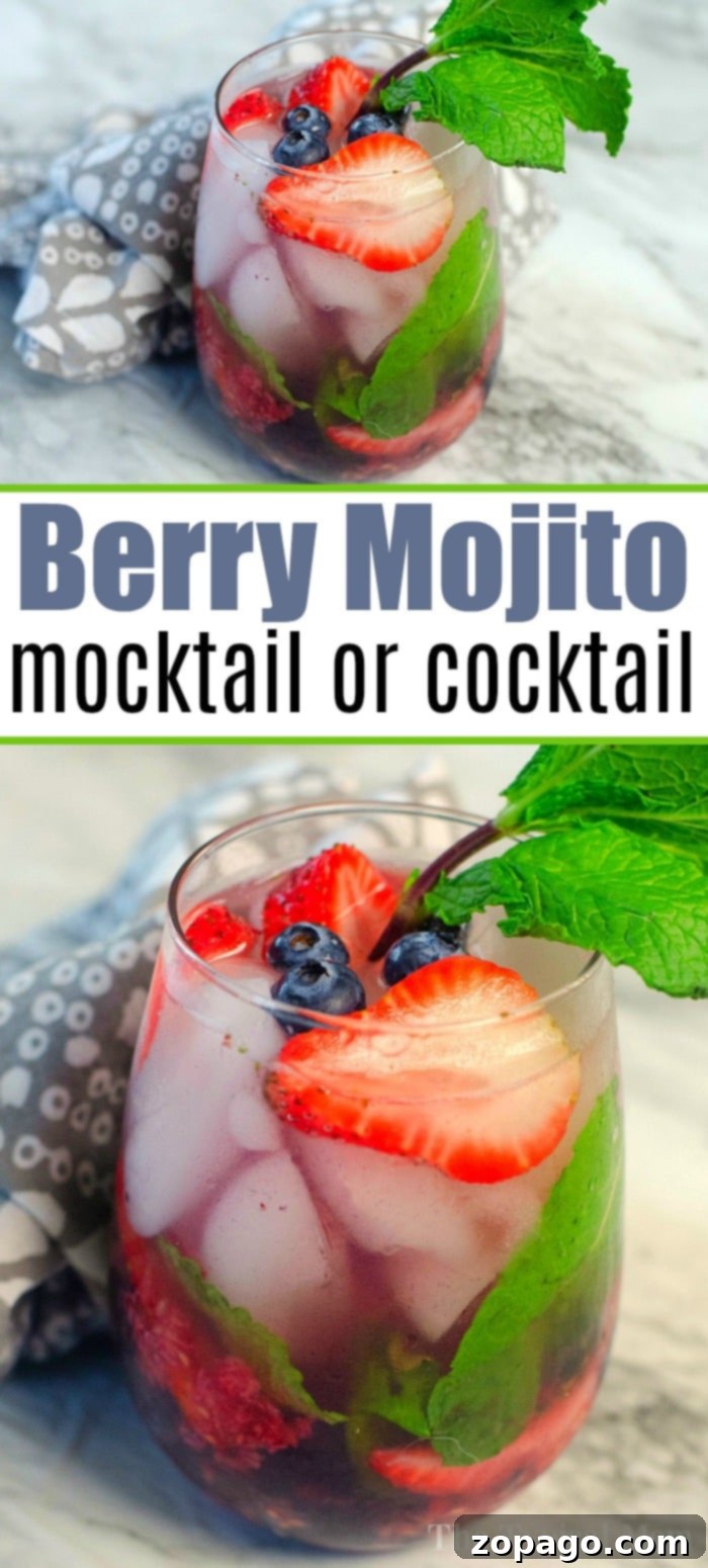 This berry mojito drink recipe is perfect for a party drink or if you just want a refreshing sip of something sweet right at home. We love it with berries! The finished real mojito recipe, garnished beautifully with fresh berries and mint