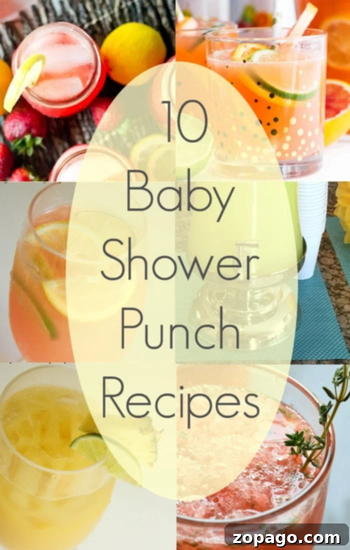 Baby shower drink recipes. #babyshower Glasses of refreshing non-alcoholic baby shower drinks garnished with fruit
