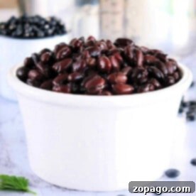 A white bowl filled with perfectly tender black beans cooked in a pressure cooker rests on a marble surface, with dried beans scattered in the background.