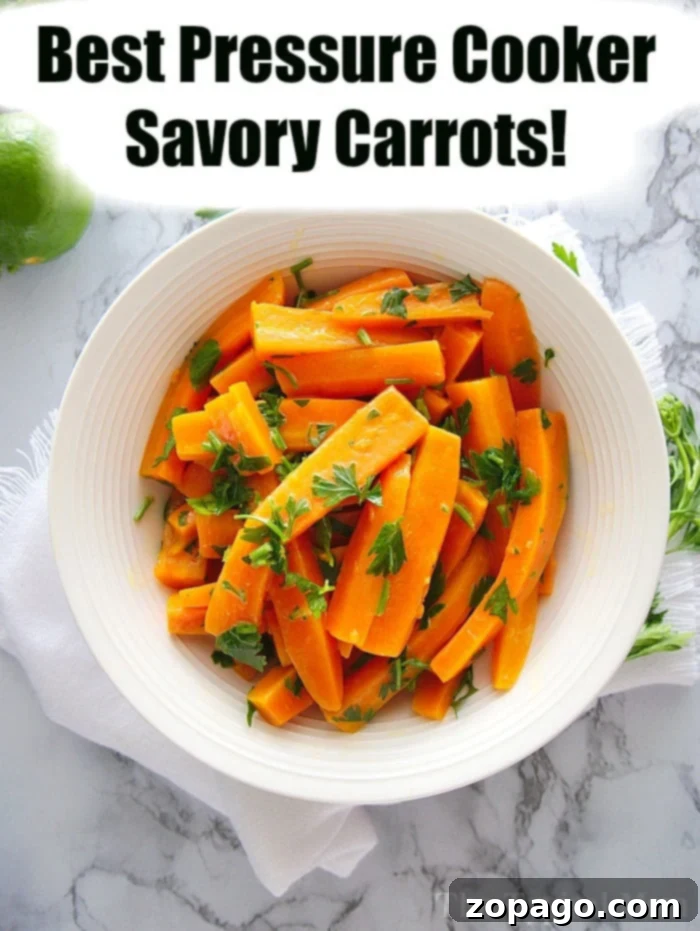 Savory pressure cooker carrots are tender and flavorful, perfect for any electric pressure cooker. Savory pressure cooker carrots served in a Crockpot Express pot.