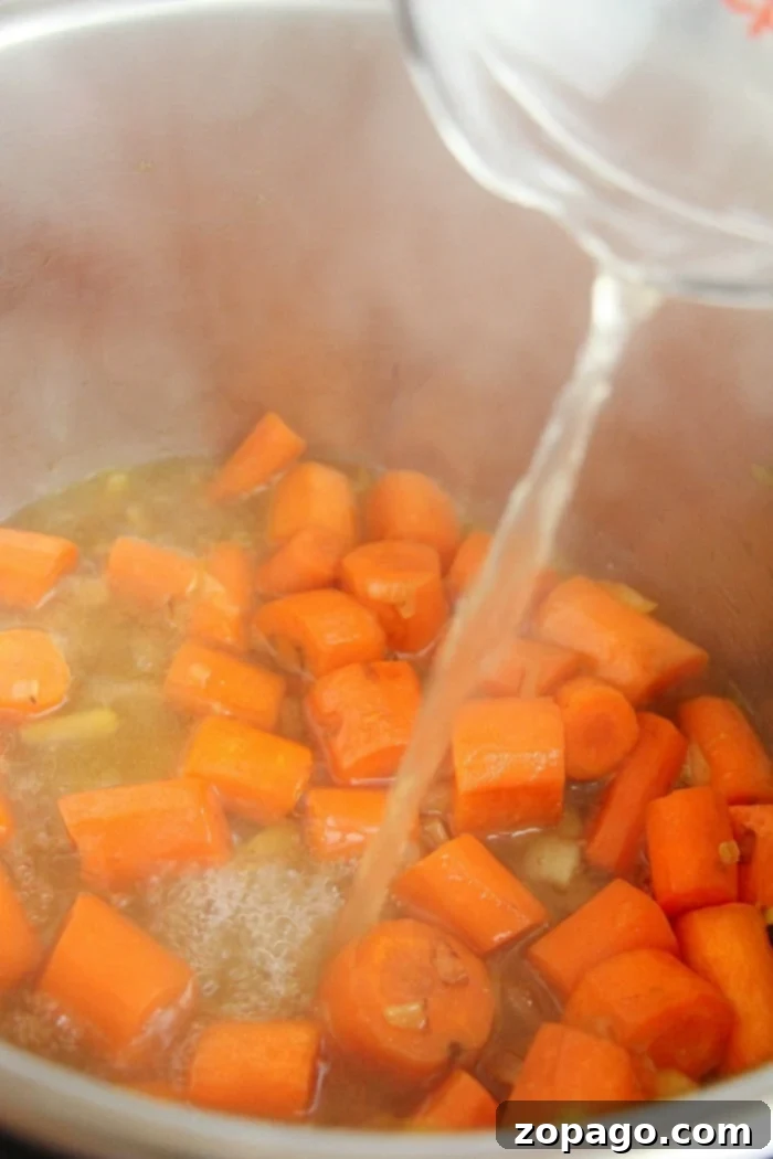 Carrot soup recipe! #carrotsoup Chopped carrots simmering gracefully in flavorful broth in an Instant Pot, learning how to cook carrots.