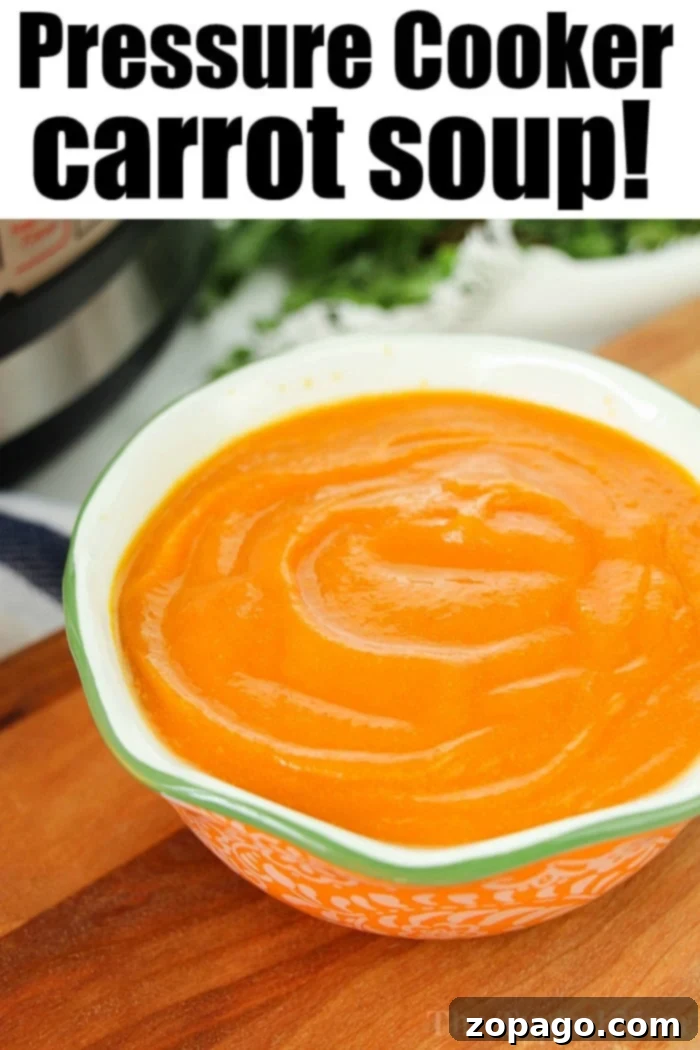 Pressure cooker carrot soup is so easy and a healthy start to any meal. Made with fresh vegetables and 5 other ingredients you can have it for dinner tonight. #instantpot #carrotsoup #carrot #soup #pressurecooker #thetypicalmom A bowl of smooth orange carrot soup sits on a table, with text above that reads "Pressure Cooker Carrot Soup!" Discover how to cook carrots to perfection and enjoy this velvety delight.