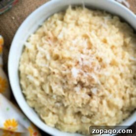 Creamy Coconut Rice Pudding 4 A bowl of creamy coconut rice pudding topped with shredded coconut and a sprinkle of cinnamon.