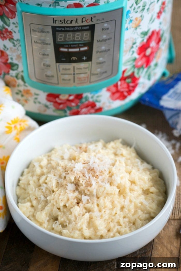 Coconut Cloud Pudding 7 A bowl of coconut rice pudding sits elegantly in front of a floral-patterned Instant Pot, reminiscent of a delectable instant pot rice pudding recipe.