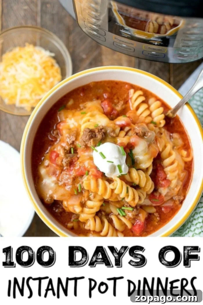 June Instant Pot recipes for dinner, side dishes and dessert! #instantpot #june A bowl of pasta with spaghetti sauce, cheese, and sour cream sits enticingly in front of an Instant Pot. Text reads: 100 Days of Instant Pot Dinner Recipes.