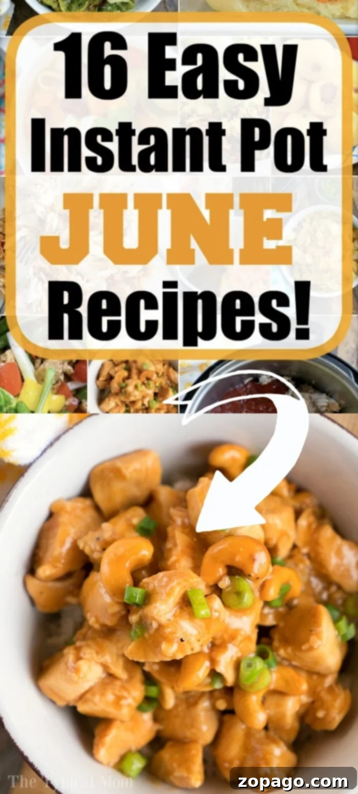June Instant Pot recipes. Cook what's fresh this month! #instantpot #june #thetypicalmom A vibrant collage of various delicious Instant Pot June recipes, including corn, pulled pork, and soup.
