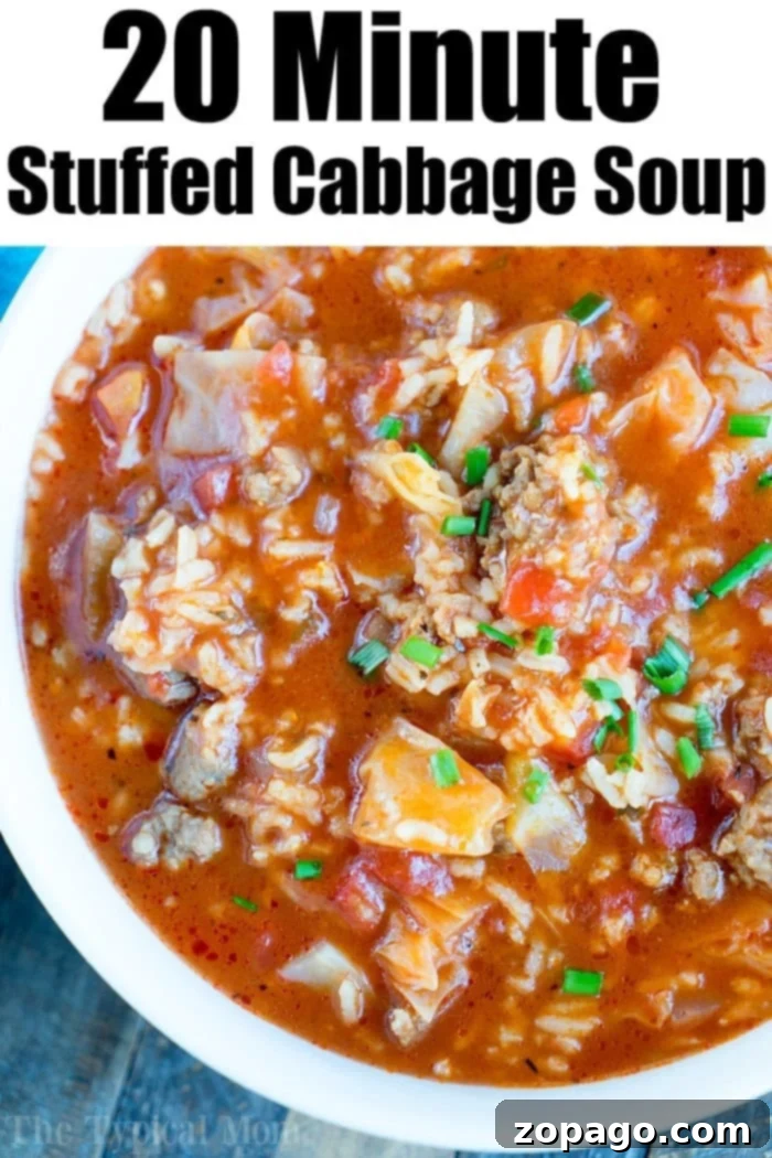 Pressure cooker stuffed cabbage soup recipe! #cabbage #pressurecooker #ninjafoodi A bowl of pressure cooker cabbage soup brimming with rice, tomatoes, and herbs on top.