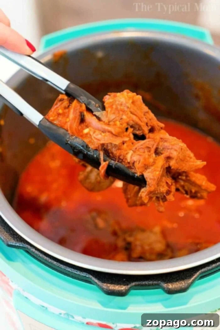Easy Instant Pot Beef Roast 2 Instant Pot Beef Roast: Tender shredded chuck roast in a rich sauce, ready for a delicious meal.