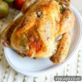 A succulent, roast turkey graces a white plate, complemented by apples in the background on a textured tablecloth. Perfect for those seeking tips on how to cook a moist turkey.