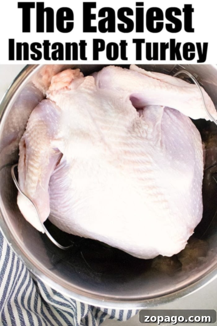 Perfectly Juicy Turkey Guaranteed 4 A whole raw turkey placed inside an Instant Pot inner pot. The turkey sits on a wire rack, and the pot is resting on a striped cloth. The text above reads, "The Easiest Pressure Cooker Turkey.