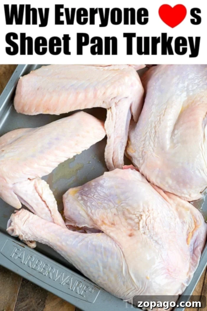 Flawlessly Moist Turkey Every Time 6 Sheet pan turkey parts are neatly arranged on a silver sheet pan. The top text reads, Why Everyone L♥ves Sheet Pan Turkey with a heart replacing the "o" in Loves.