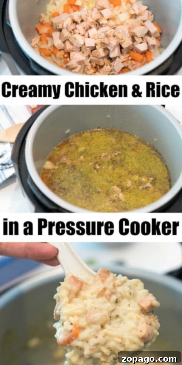 Chopped chicken, carrots, and rice are cooked together in a pressure cooker to make a delicious creamy chicken and rice casserole.