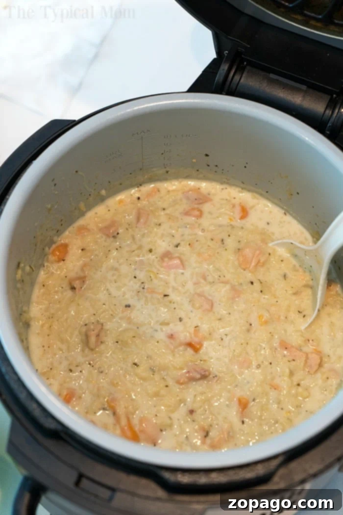 Creamy chicken and rice casserole cooked to perfection in a pressure cooker.