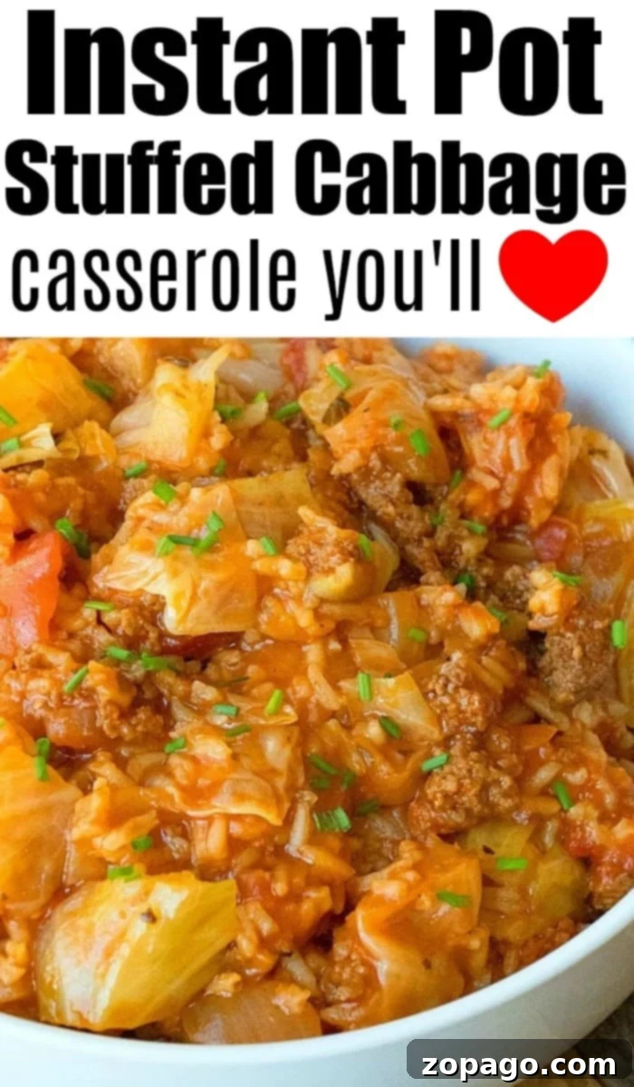 Instant Pot stuffed cabbage casserole + . We love Instant Pot cabbage recipes for dinner! If you're a cabbage lover too, and obsessed with your pressure cooker we have a week worth of recipes here! #instantpot #instantpotrecipes #cabbage #vegetarian Instant Pot Cabbage Casserole: A quick and easy stuffed cabbage casserole recipe for pressure cookers.