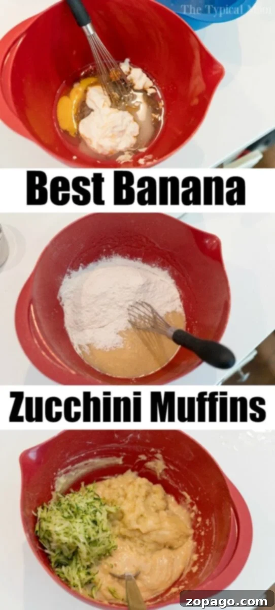 Moist Zucchini Banana Muffins 3 A three-panel image demonstrating the essential steps for making moist banana zucchini muffins: first, whisking wet ingredients, followed by incorporating dry ingredients, and finally gently folding in grated zucchini and mashed bananas into the batter.