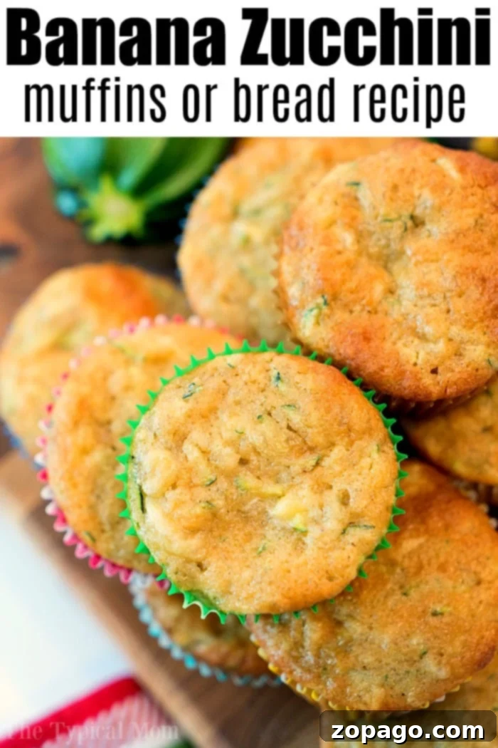 Moist Zucchini Banana Muffins 7 A beautifully styled stack of moist zucchini banana bread slices, elegantly garnished with fresh banana and zucchini, highlighting its appealing texture and the natural, wholesome ingredients used.