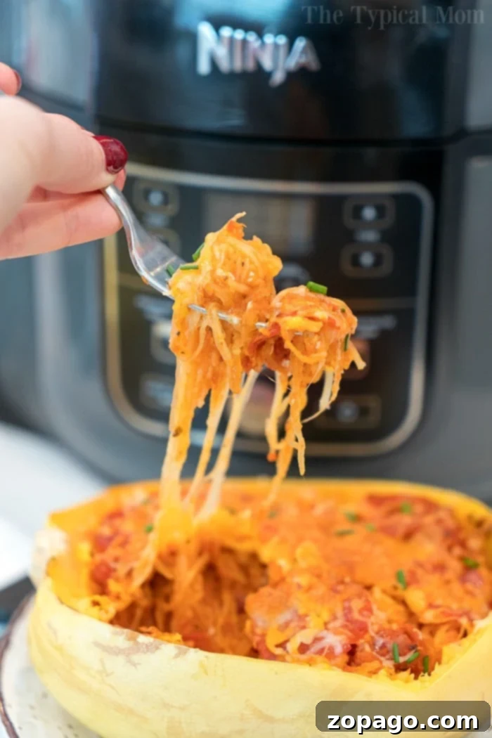 Ninja Foodi spaghetti squash pizza pasta is a low carb dinner you can make in your pressure cooker and air fryer. Just like spaghetti noodles but healthier. #ninjafoodi #ninjafoodirecipes #spaghettisquash #spaghetti #pizza #pasta Ninja Foodi Spaghetti Squash Pizza Pasta, a healthy and low-carb dinner option.