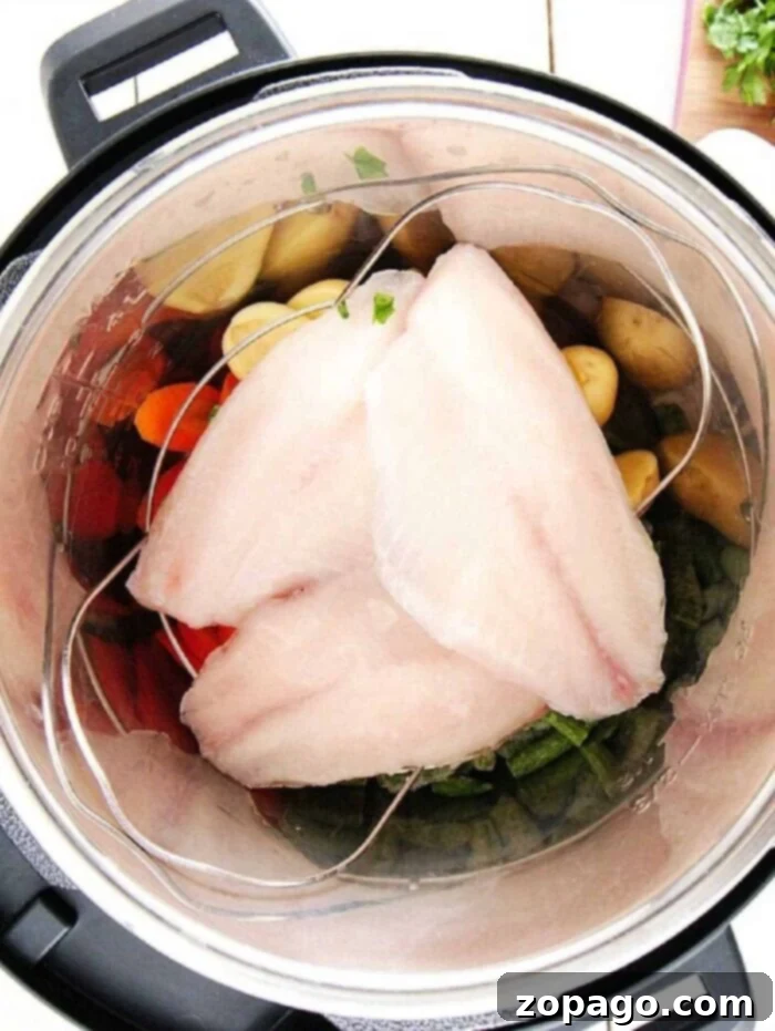Easy Instant Pot Tilapia 2 How to cook Instant Pot tilapia, showing a close-up of the cooked fish and vegetables on a plate