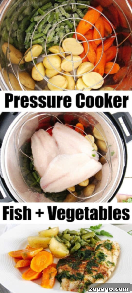 Pressure cooker tilapia and vegetables cooked together is the perfect healthy pressure cooker dinner. Instant Pot tilapia cooked with carrots, potatoes, and green beans, then served on a plate as a wholesome meal.