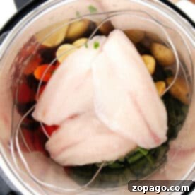 Tilapia fillets rest on a rack over fresh vegetables in an Instant Pot, promising a quick and flavorful meal.