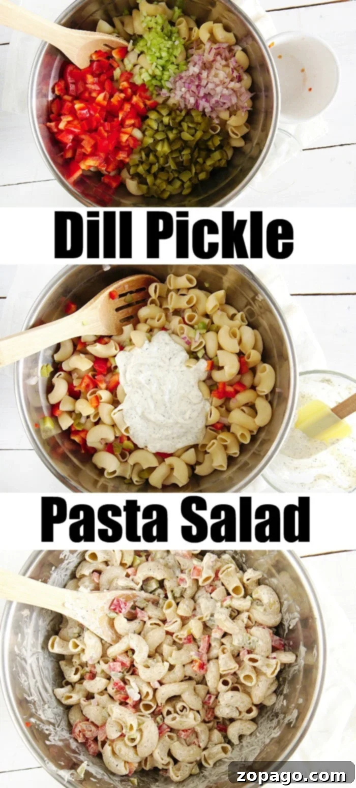 Zesty Dill Pickle Pasta Salad Without Sour Cream 4 Dill pasta salad served in a decorative bowl with fresh dill garnish.