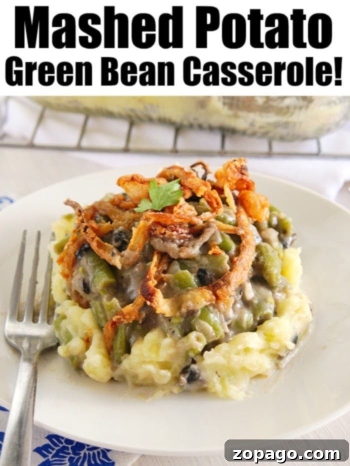 A family-favorite Green Bean Mashed Potato Casserole, ideal for holiday dinners. Green Bean Mashed Potato Casserole with Crispy Onions
