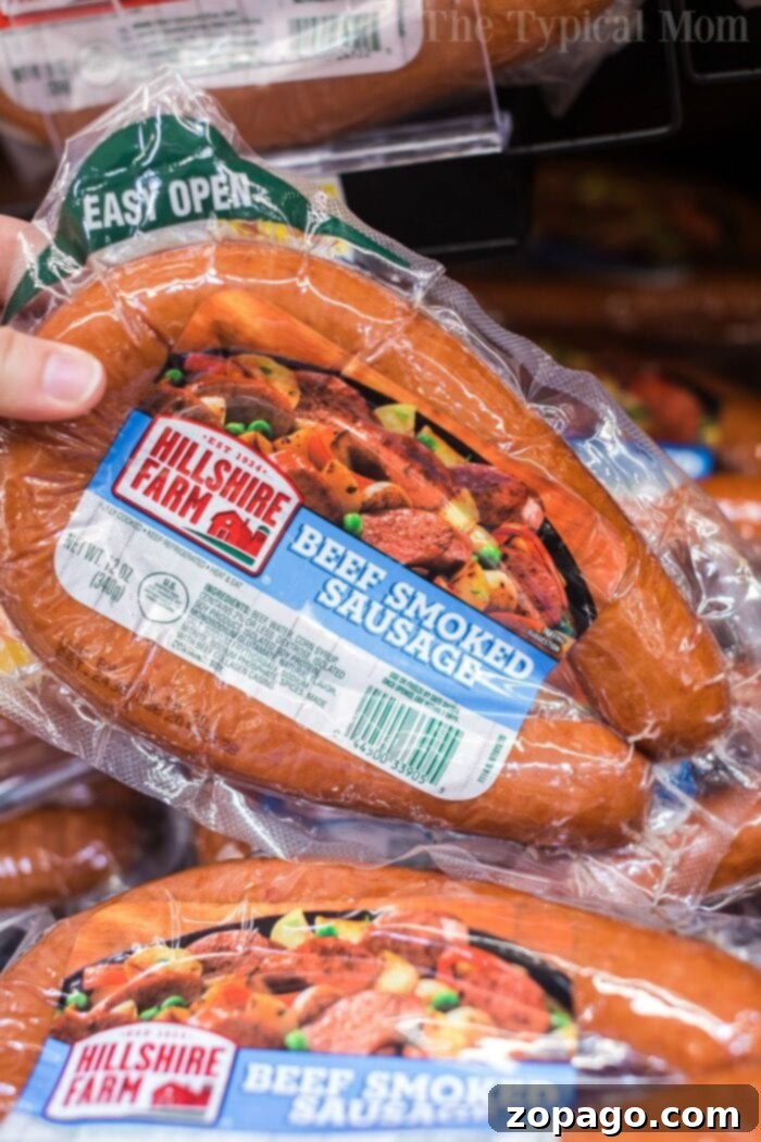 Effortless Slow Cooker Cheesy Hashbrown Bake 11 A package of Hillshire Farm smoked sausage, an ideal ingredient for savory slow cooker dishes.