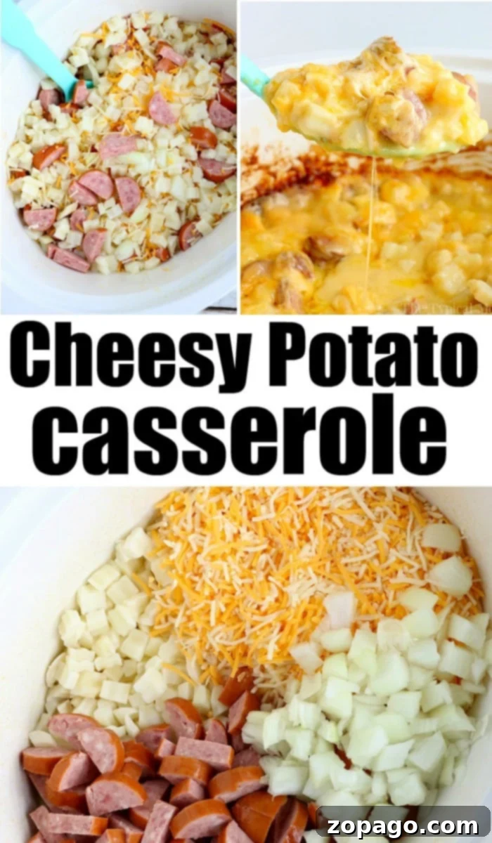 Effortless Slow Cooker Cheesy Hashbrown Bake 8 A slow cooker filled with golden-brown cheesy potatoes and savory sausage, ready to be served for a comforting meal.