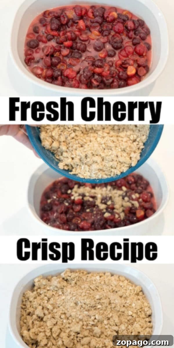 Fresh tart cherry crisp recipe is easy to throw together and can be made with fresh pie cherries too! If you love cobbler for dessert, this is going to be a hit. Three stages of making cherry crisp: fresh cherries in a bowl, crumb topping being sprinkled over them, and the unbaked crisp in a white baking dish ready for the oven.
