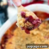 A hand holding a wooden spoon with a serving of tart cherry crisp over a white baking dish.