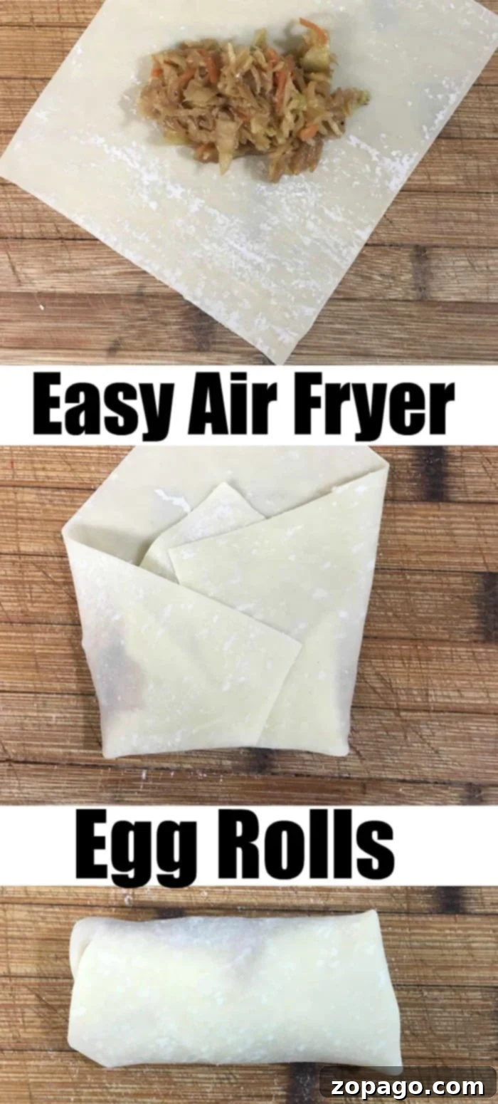 Achieve perfectly air-fried egg rolls every time with this simple wrapping guide. Ideal for chicken or vegetarian fillings, making a healthy and delicious appetizer. A step-by-step image illustrating the folding process of air fryer egg rolls on a rustic wooden surface, highlighting the creation of perfect, crisp treats.