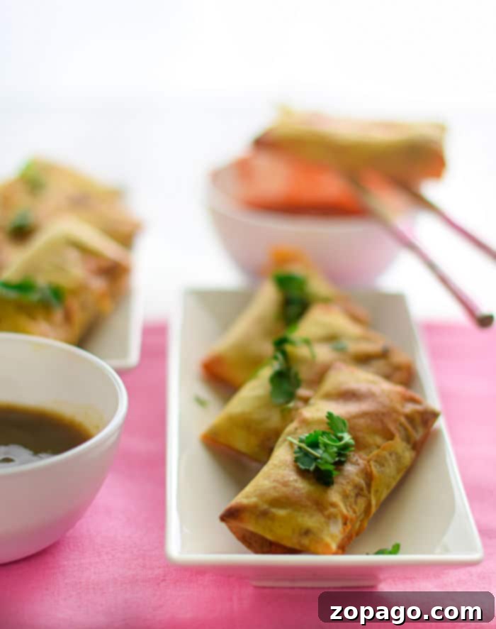 Crispy Air Fryer Egg Rolls 6 A close-up of a perfectly cooked homemade egg roll, golden and crispy, garnished with green onions and ready to be dipped into sauce.