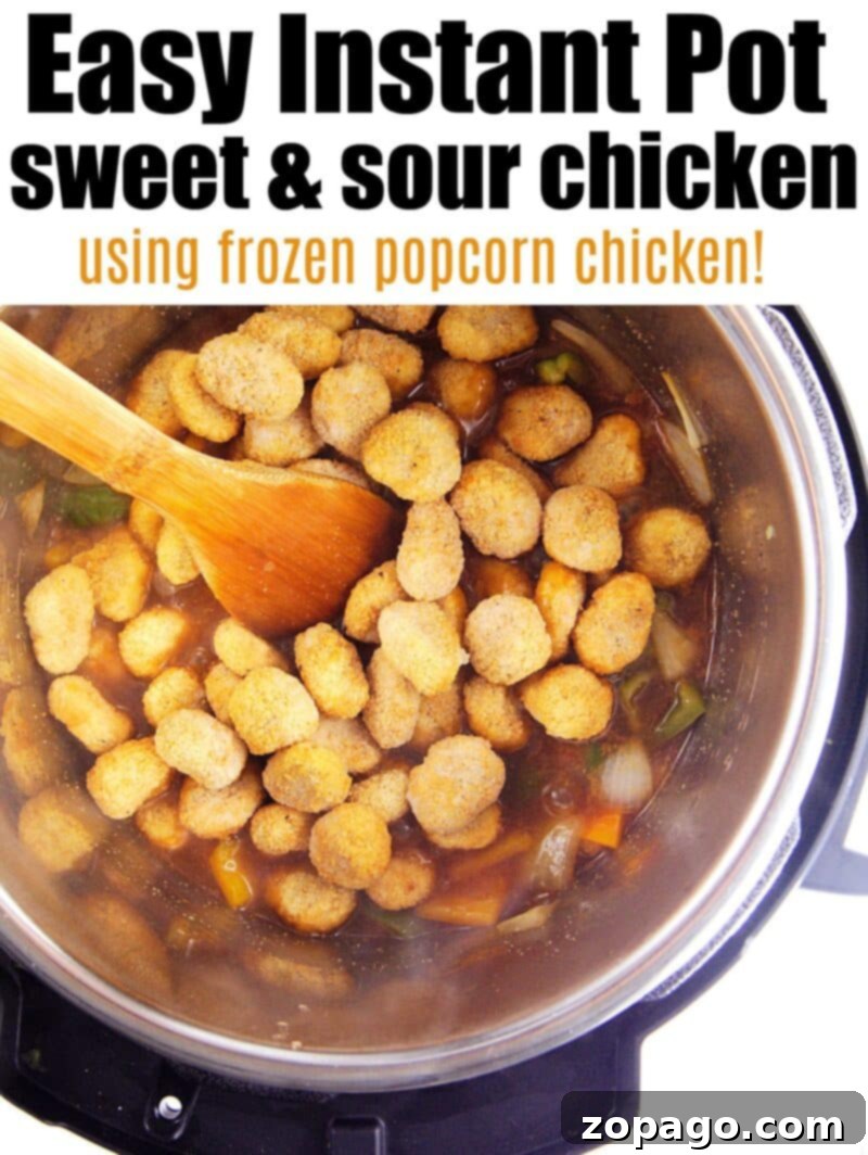 BEST Instant Pot sweet and sour chicken made with frozen popcorn chicken is the easiest meal ever that everyone loves! Panda Express copycat recipe for sure. #instantpot #chicken #sweetandsourchicken #pressurecooker #easy #thetypicalmom sweet and sour sauce drizzle