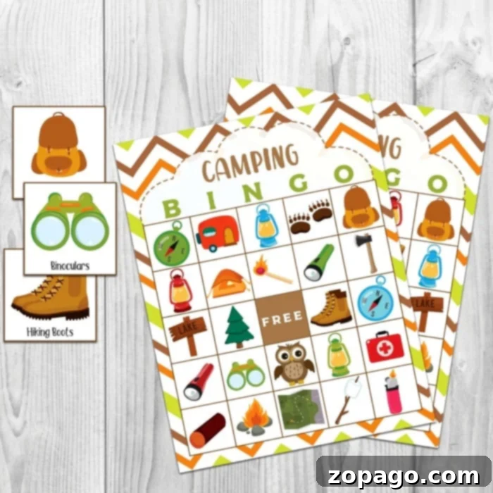 Free Printable Camping Bingo Fun 3 A vibrant camping themed birthday party setup with a free printable camping bingo card visible, highlighting its suitability for any celebration.