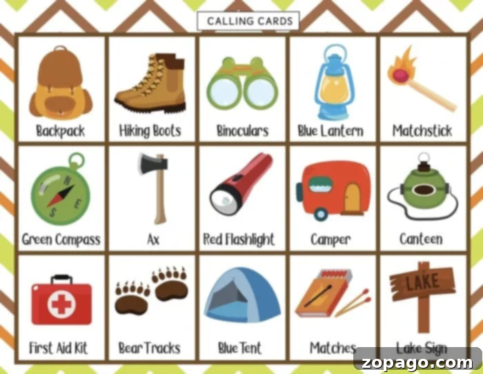 Free Printable Camping Bingo Fun 4 A vibrant scene depicting children enthusiastically playing a printable camping bingo game at a party, surrounded by camping-themed decorations. This image captures the essence of fun camping party games for kids.