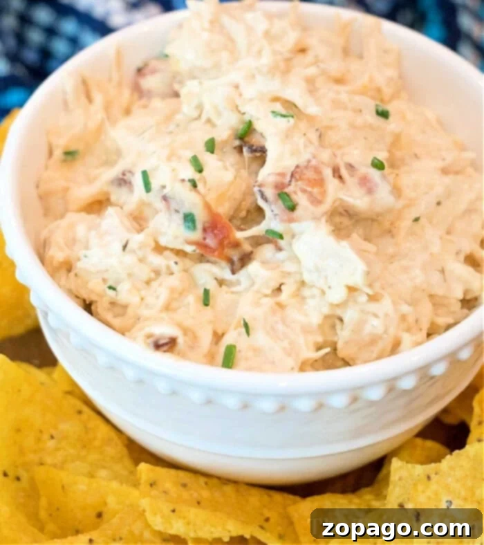 Instant Pot Crack Chicken Dip 2 A white bowl brimming with creamy pressure cooker crack chicken dip, garnished with chopped chives. The bowl is surrounded by yellow tortilla chips on a table, inviting you to dive into this delicious creation.