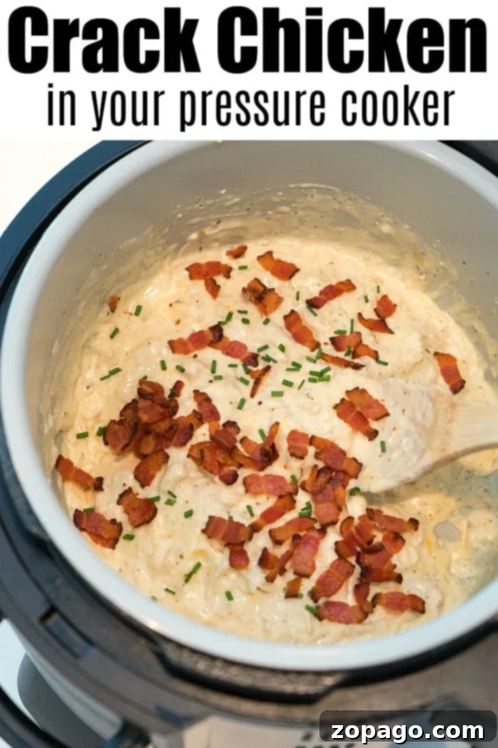 Pressure cooker crack chicken dip. Instant Pot, Ninja Foodi, and stovetop methods for a creamy, savory crack chicken appetizer. Close-up of a Ninja Foodi pressure cooker filled with creamy chicken topped with crispy bacon bits and chopped chives. The text reads Crack Chicken made easy. A wooden spoon rests in the mixture, ready to serve a delicious meal.