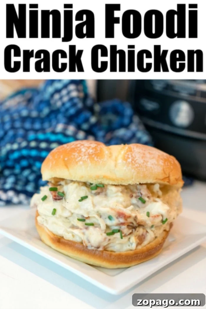 Ninja Foodi Ultimate Crack Chicken 5 A delicious Ninja Foodi Crack Chicken sandwich, garnished with fresh chives, rests on a square white plate, with a blurred blue checkered cloth and kitchen appliance in the background.