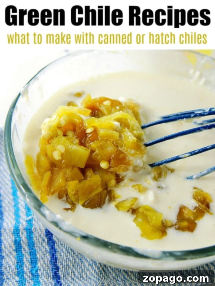 Lots of hatch green chile recipes your family will love! Using fresh or canned hatch chiles we will share casseroles, dinners and side dishes here. #hatchchiles #chile #chiles #recipes #casserole Bowl of cream with chopped green chiles, mixed with a blue whisk on a blue towel—perfect for your green chile chicken casserole. Text: Green Chile Recipes.