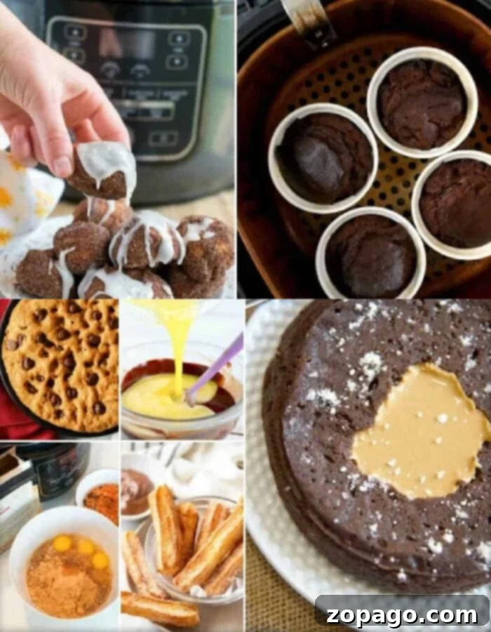 Sweet Air Fryer Treats 2 A vibrant display of various air fryer desserts, including a slice of chocolate cake, cookies, and glazed donuts, arranged appealingly to showcase the versatility of air fryer baking.